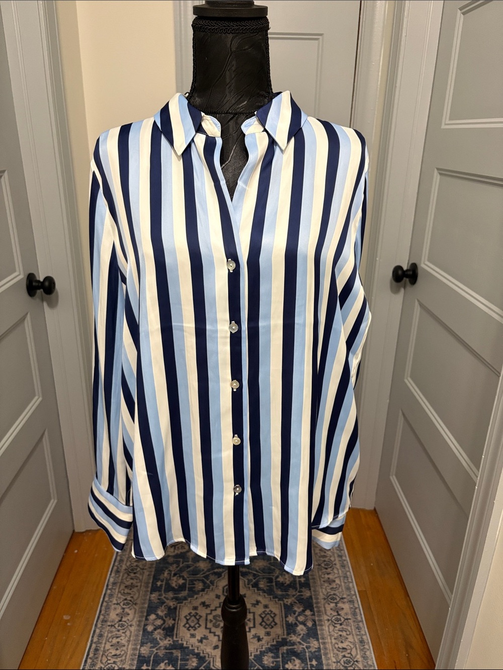 Satin Blue and White Striped Button-Up Shirt